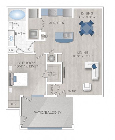 Floor plan for 1 bed, 1 bath, 769 sqft