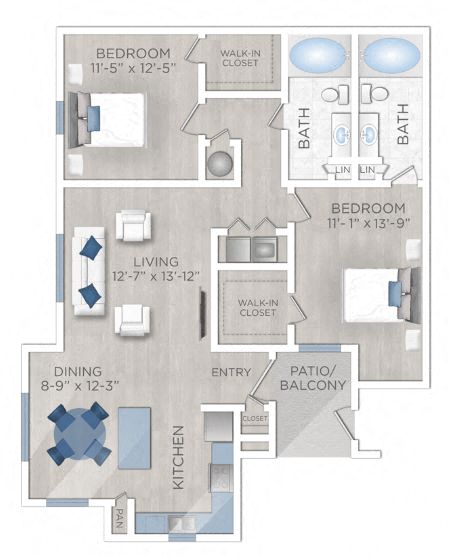 Floor plan for 2 beds, 2 baths, 1126 sqft