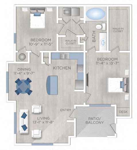 Floor plan for 2 beds, 1 bath, 966 sqft