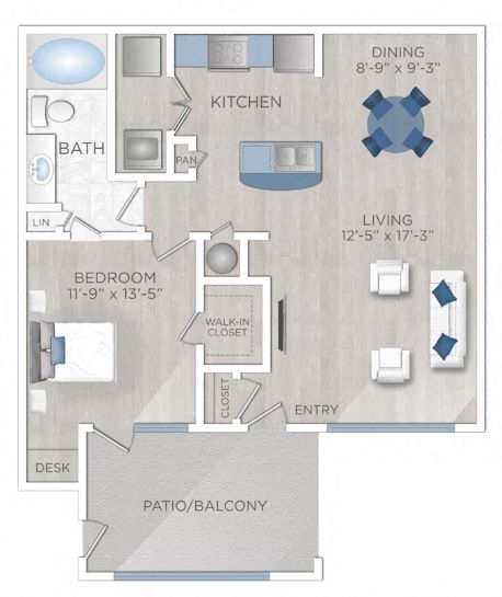 Floor plan for 1 bed, 1 bath, 823 sqft