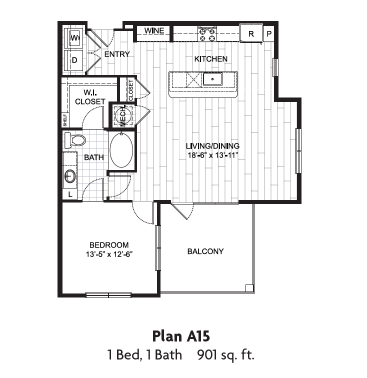 Floor plan for 1 bed, 1 bath, 901 sqft
