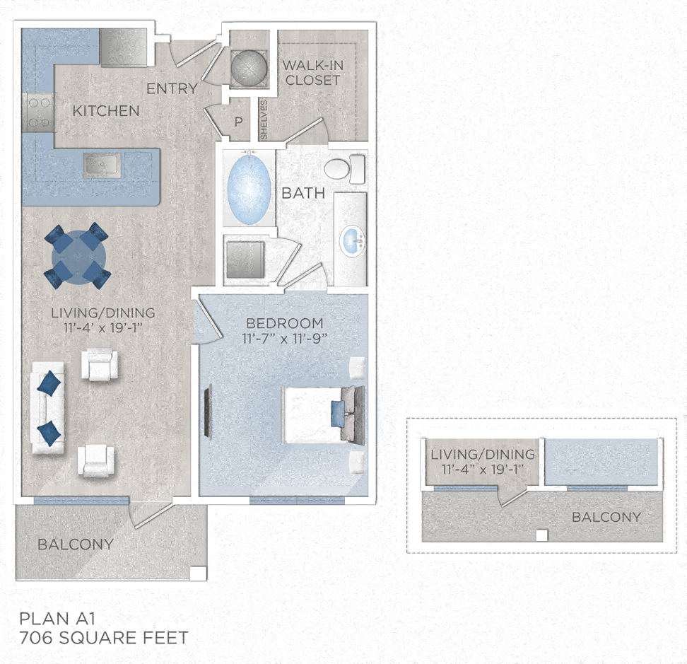 Floor plan for 1 bed, 1 bath, 706 sqft