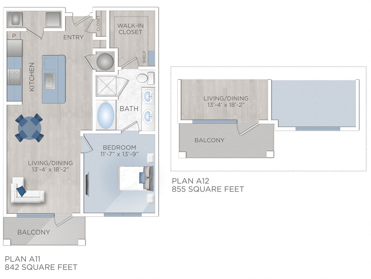 Floor plan for 1 bed, 1 bath, 842 sqft