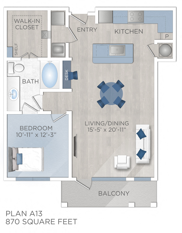 Floor plan for 1 bed, 1 bath, 870 sqft