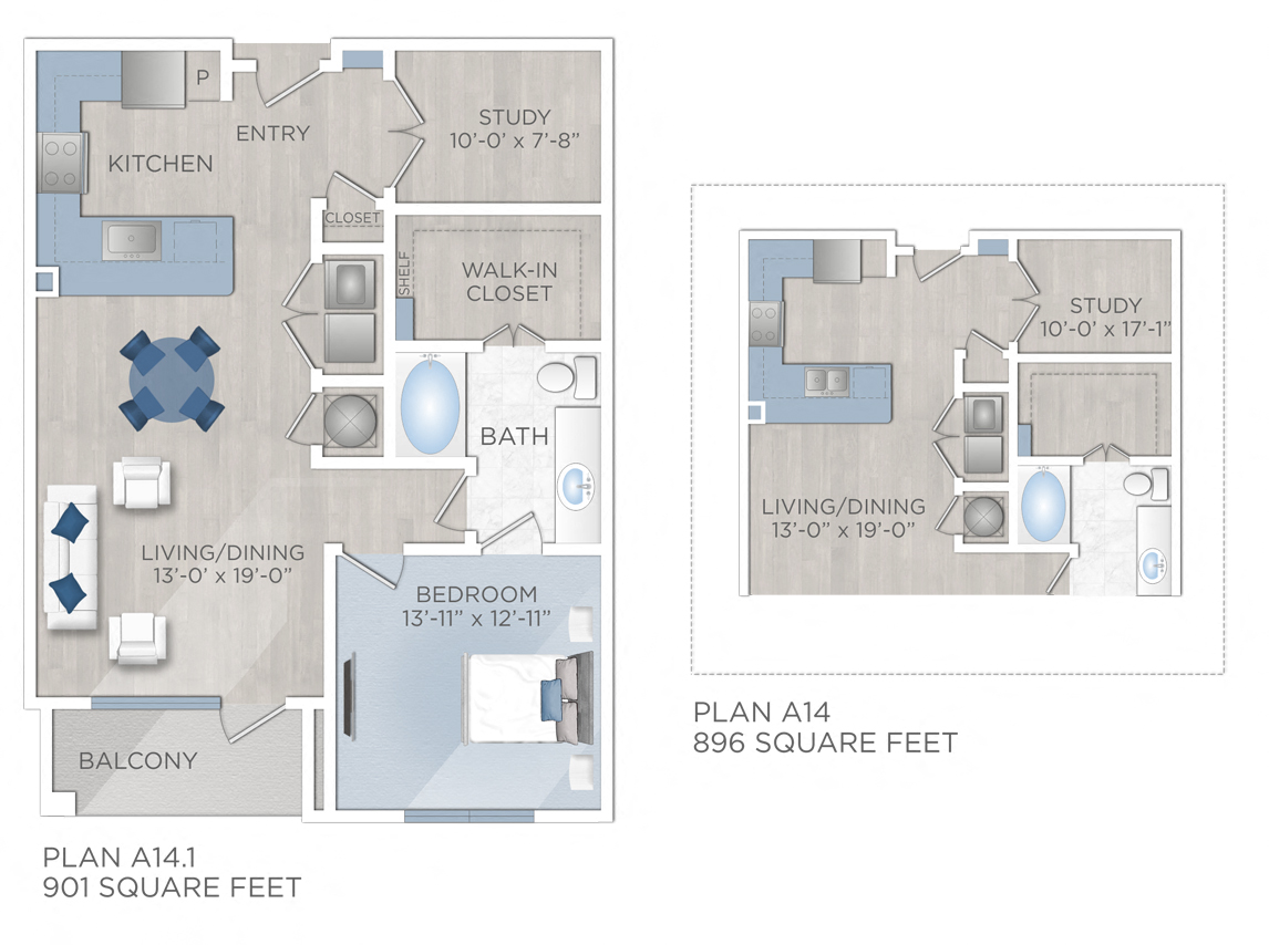 Floor plan for 1 bed, 1 bath, 896 sqft