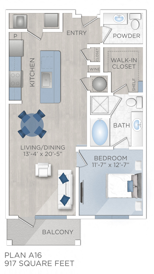 Floor plan for 1 bed, 1 bath, 917 sqft