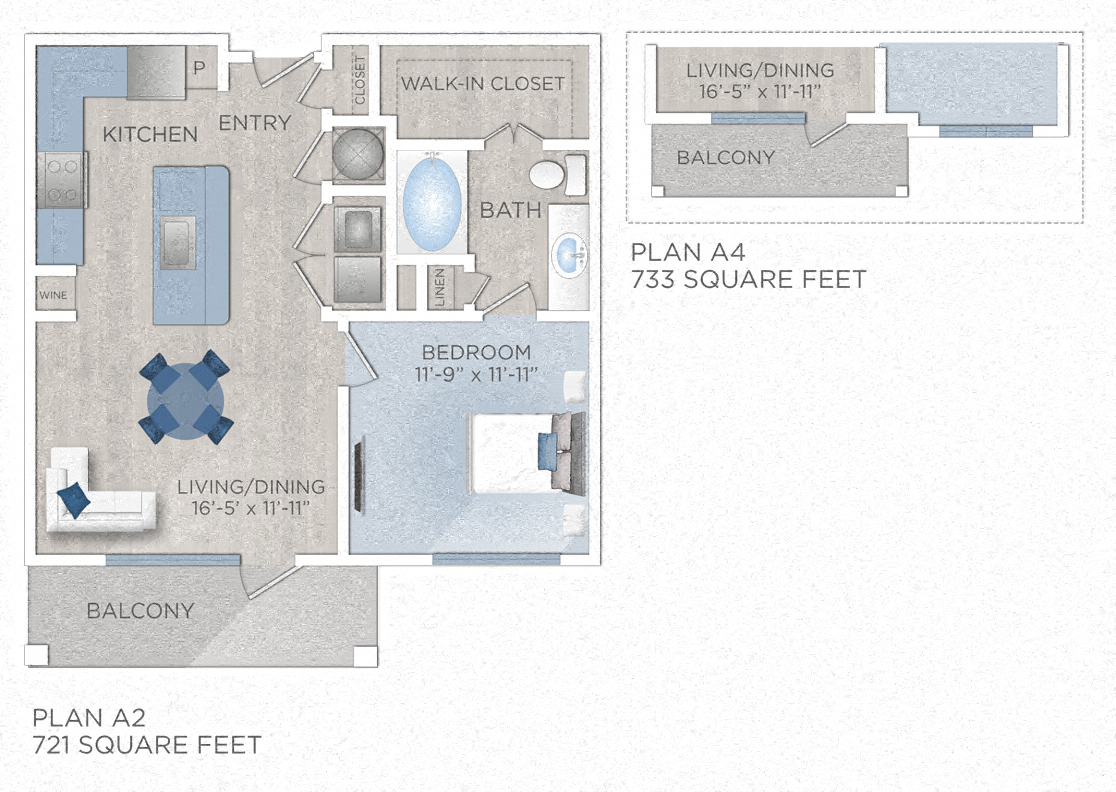Floor plan for 1 bed, 1 bath, 733 sqft
