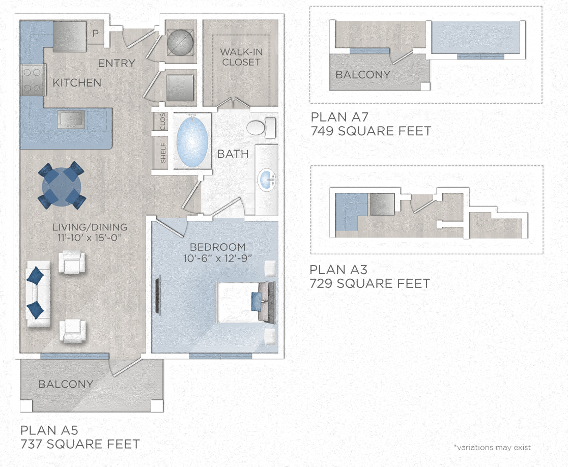Floor plan for 1 bed, 1 bath, 737 sqft