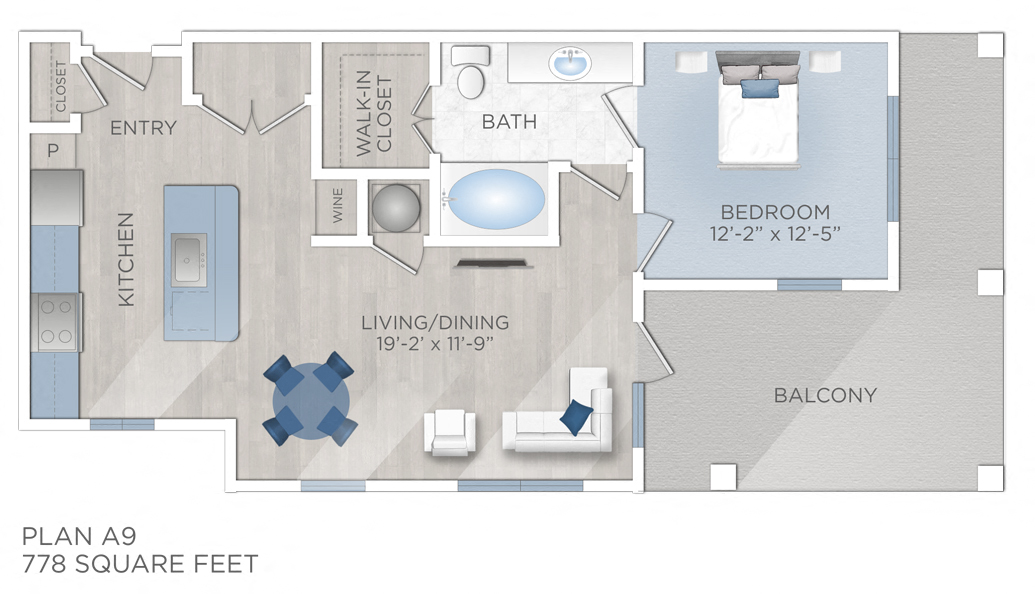 Floor plan for 1 bed, 1 bath, 778 sqft