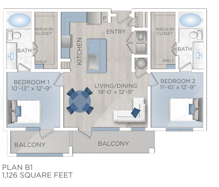 Floor plan for 2 beds, 2 baths, 1126 sqft