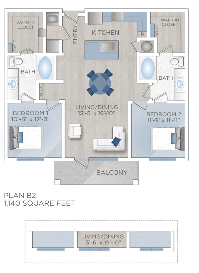 Floor plan for 2 beds, 2 baths, 1140 sqft