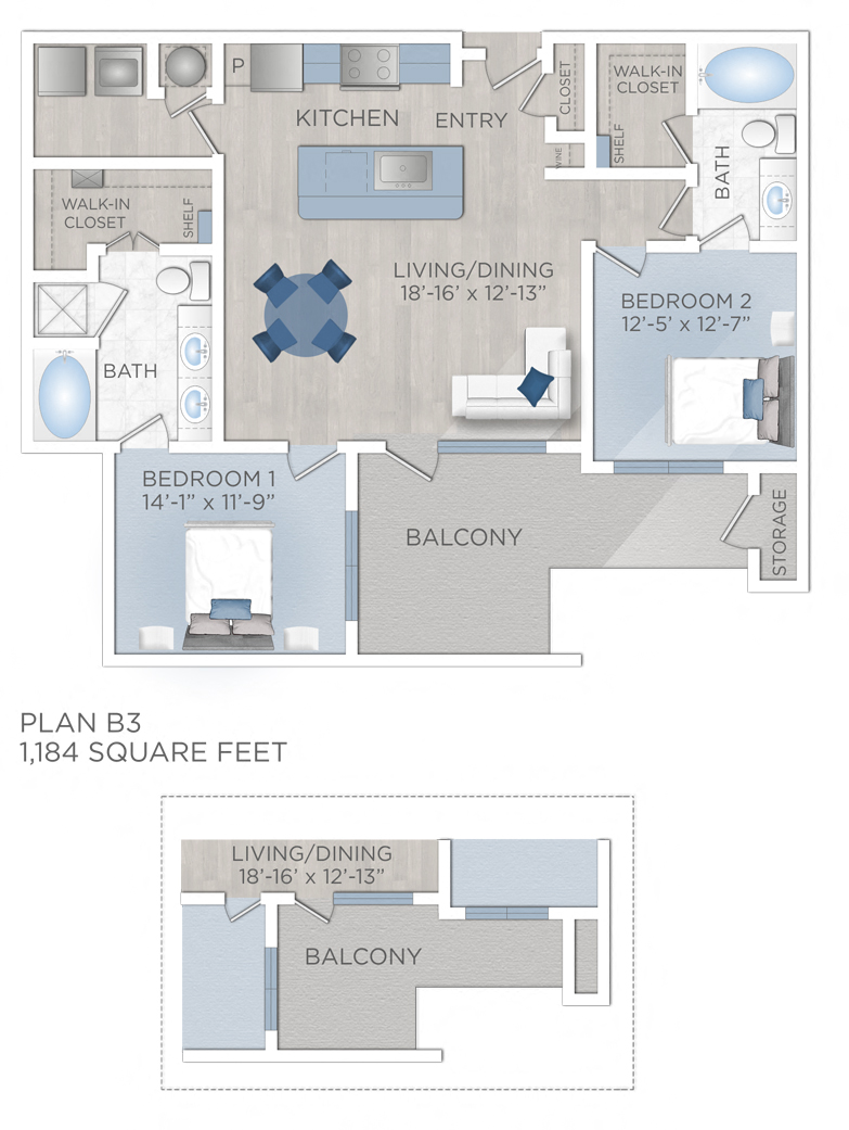 Floor plan for 2 beds, 2 baths, 1184 sqft