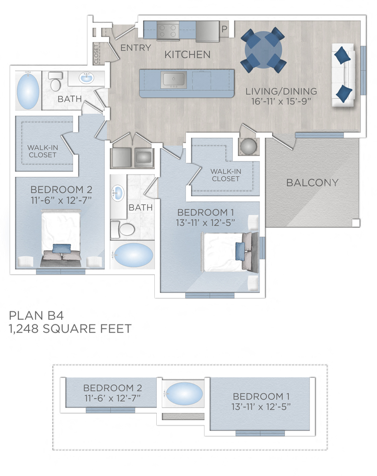 Floor plan for 2 beds, 2 baths, 1248 sqft
