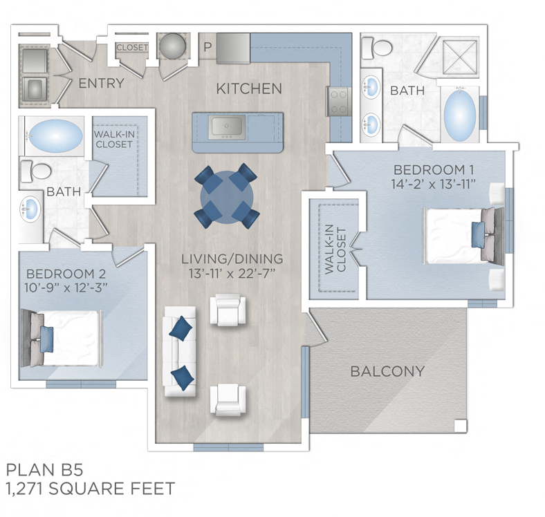 Floor plan for 2 beds, 2 baths, 1271 sqft