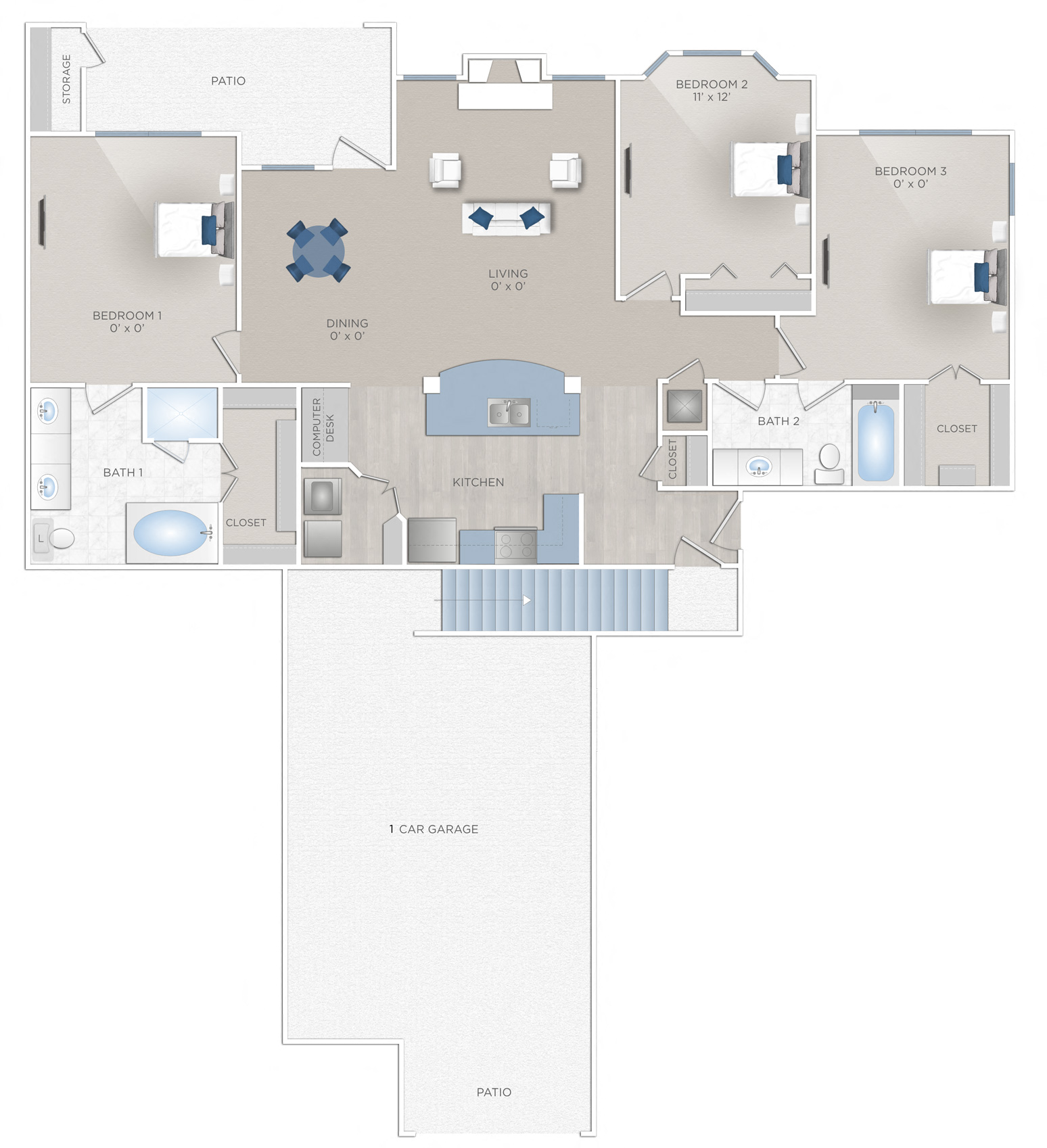 Floor plan for 3 beds, 2 baths, 1401 sqft