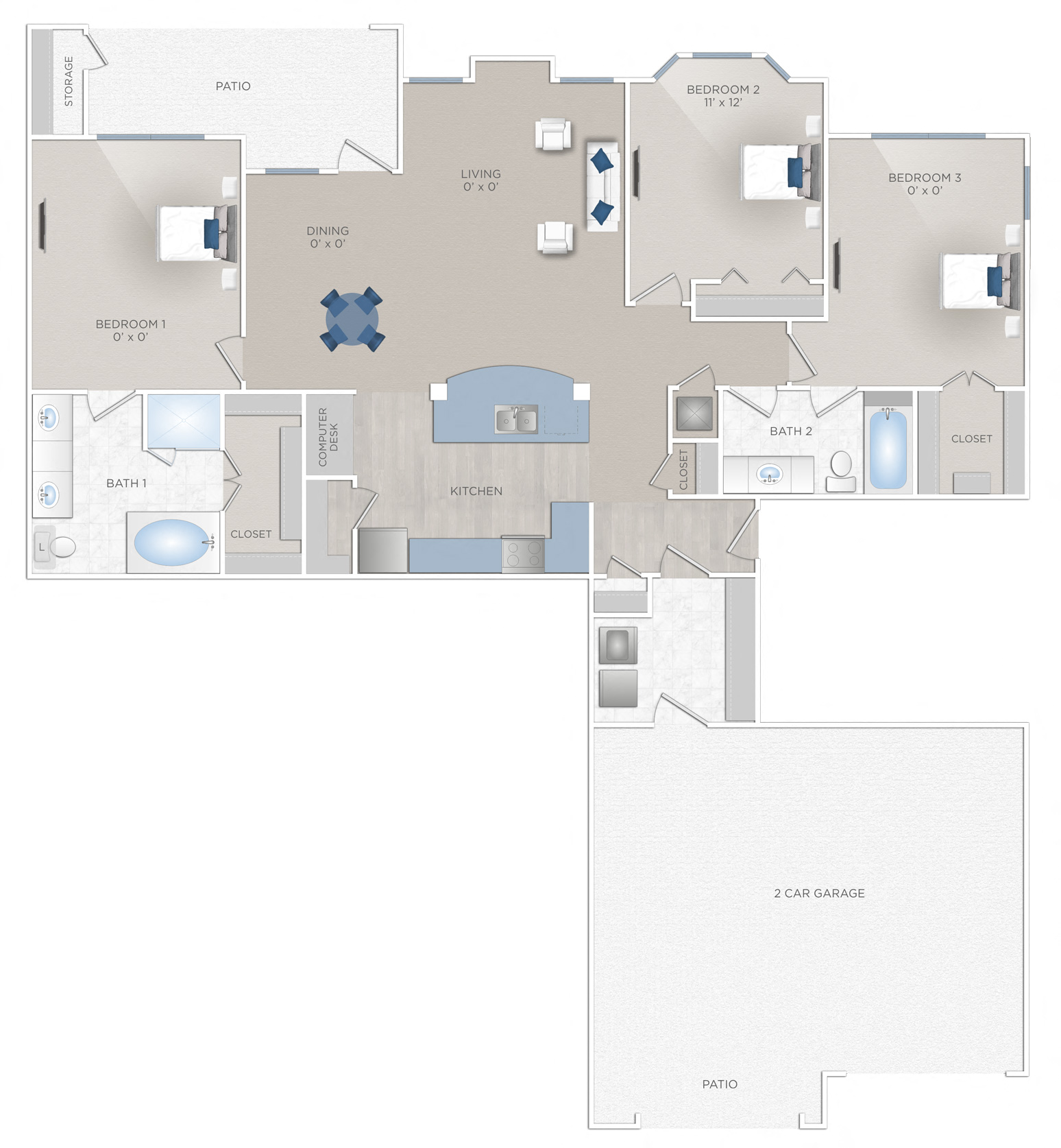 Floor plan for 3 beds, 2 baths, 1424 sqft