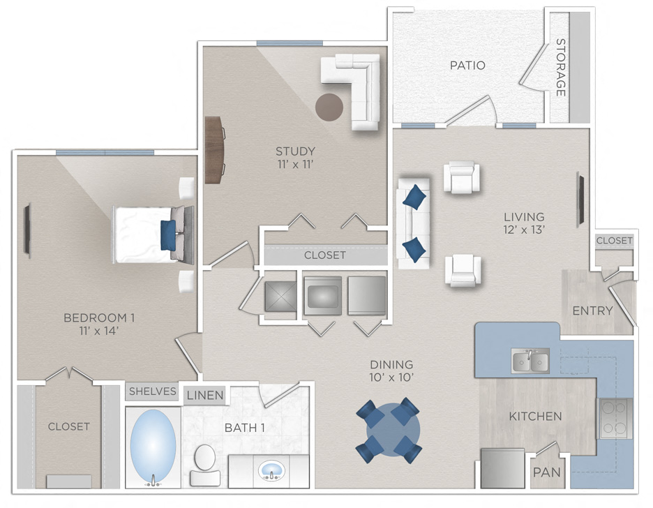Floor plan for 1 bed, 1 bath, 893 sqft