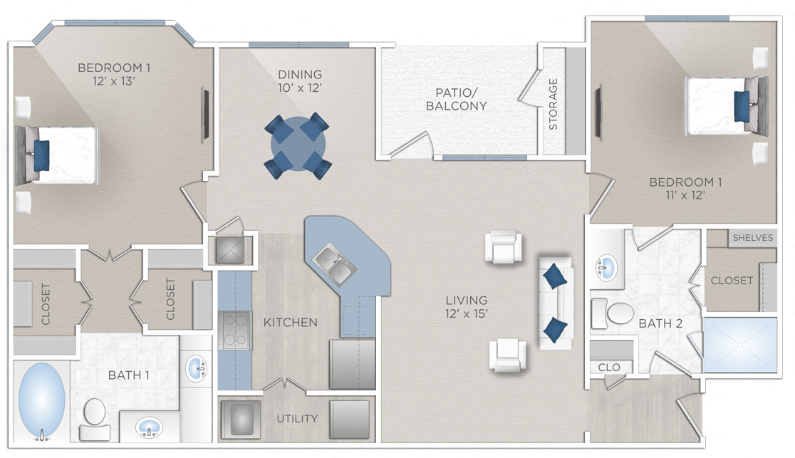 Floor plan for 2 beds, 2 baths, 1151 sqft