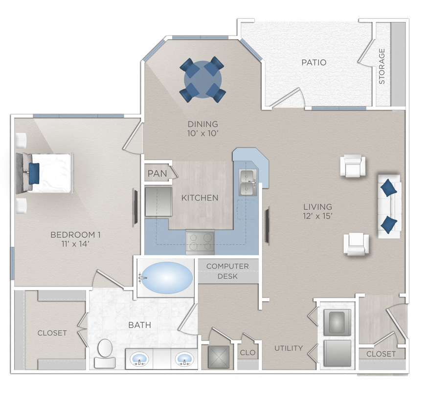 Floor plan for 1 bed, 1 bath, 806 sqft