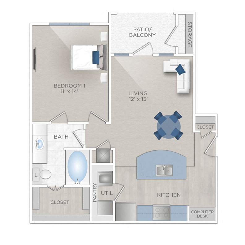 Floor plan for 1 bed, 1 bath, 705 sqft