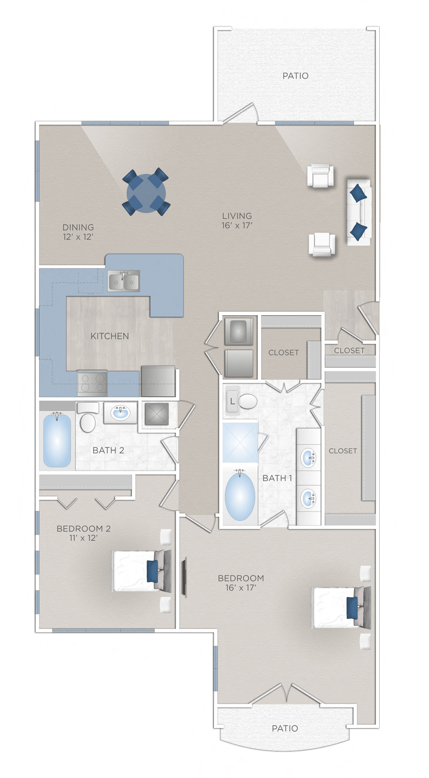 Floor plan for 2 beds, 2 baths, 1348 sqft