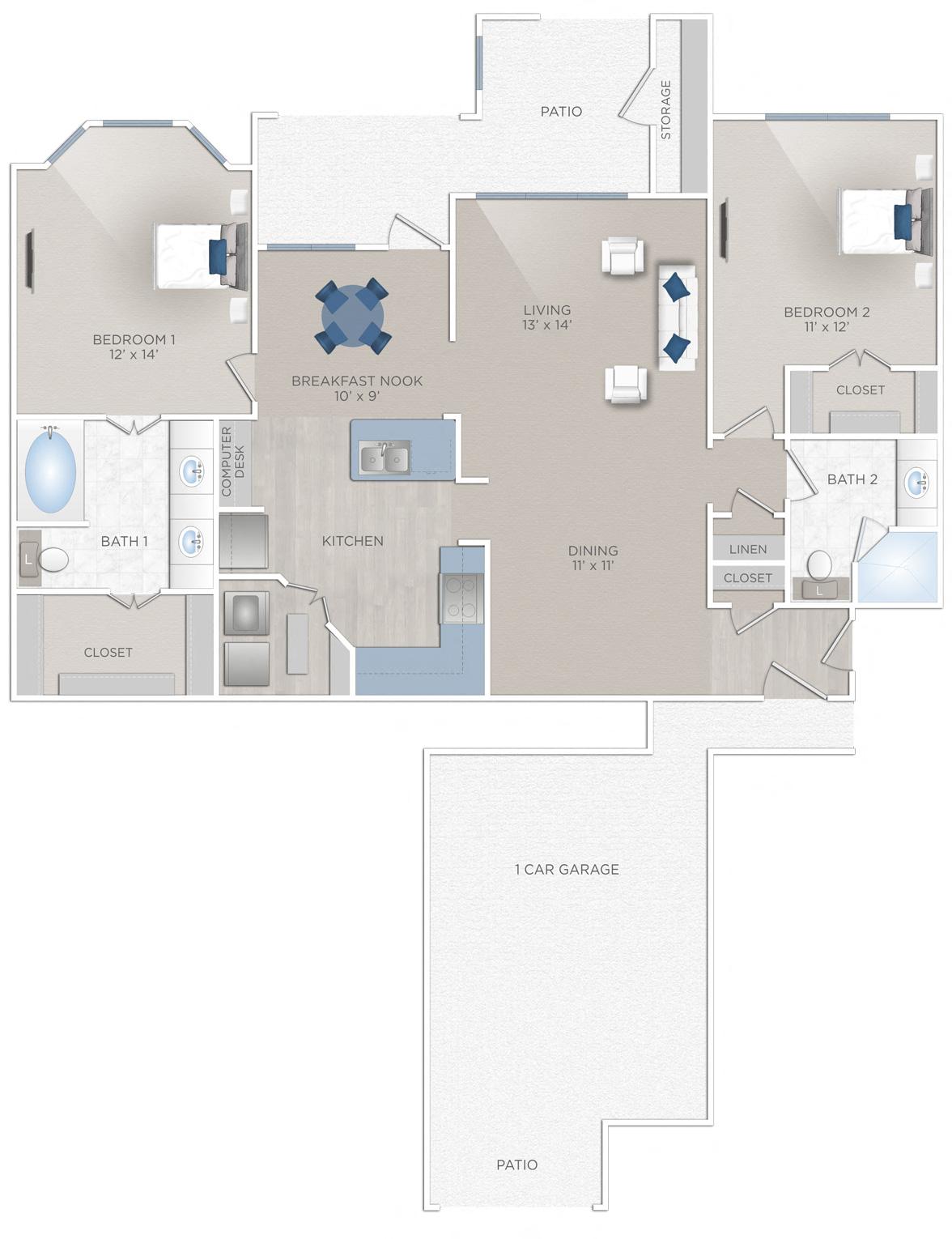 Floor plan for 2 beds, 2 baths, 1286 sqft