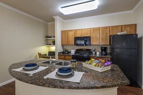 San Antonio apartment for rent - A kitchen with granite countertops and a black refrigerator.