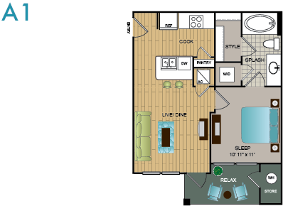 Floor plan for 1 bed, 1 bath, 518 sqft