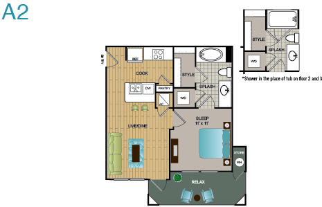 Floor plan for 1 bed, 1 bath, 518 sqft