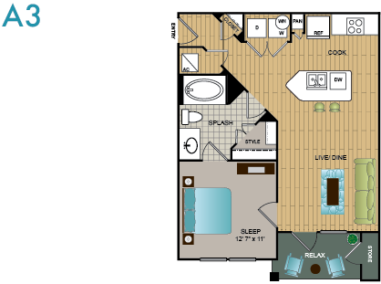 Floor plan for 1 bed, 1 bath, 632 sqft