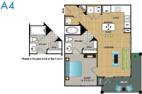 Floor plan for 1 bed, 1 bath, 632 sqft