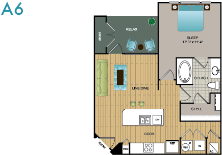 Floor plan for 1 bed, 1 bath, 679 sqft