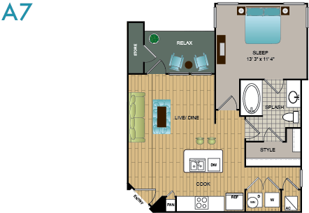 Floor plan for 1 bed, 1 bath, 691 sqft