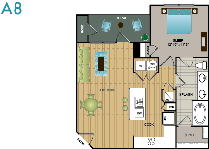 Floor plan for 1 bed, 1 bath, 756 sqft