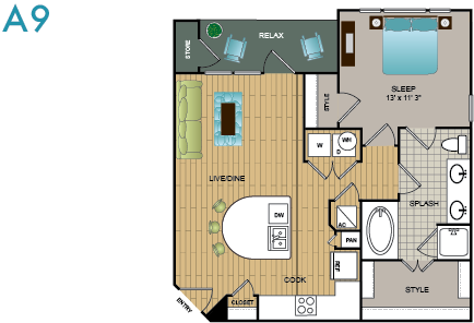 Floor plan for 1 bed, 1 bath, 760 sqft