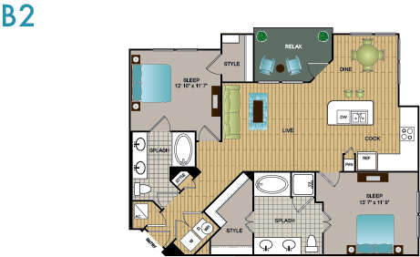 Floor plan for 2 beds, 2 baths, 1125 sqft
