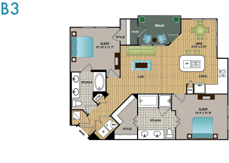 Floor plan for 2 beds, 2 baths, 1125 sqft