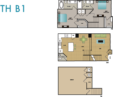 Floor plan for 2 beds, 2.5 baths, 1360 sqft