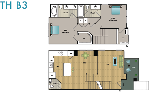 Floor plan for 2 beds, 2.5 baths, 1366 sqft