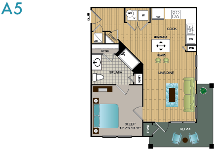 Floor plan for 1 bed, 1 bath, 632 sqft
