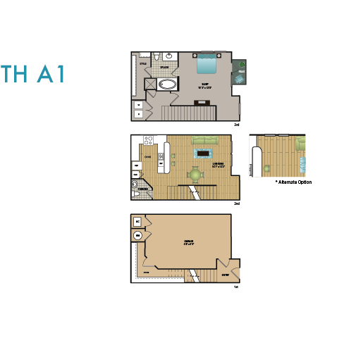 Floor plan for 1 bed, 1.5 baths, 906 sqft