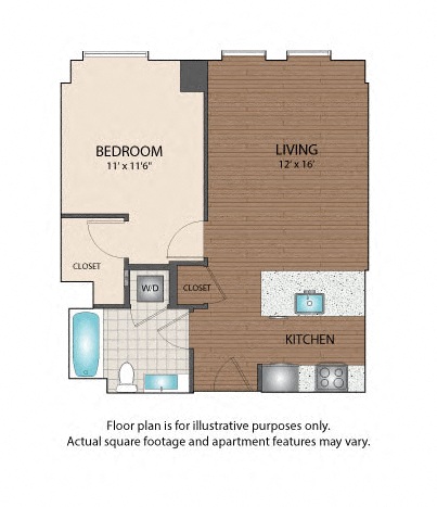 Floor plan for 1 bed, 1 bath, 650 sqft