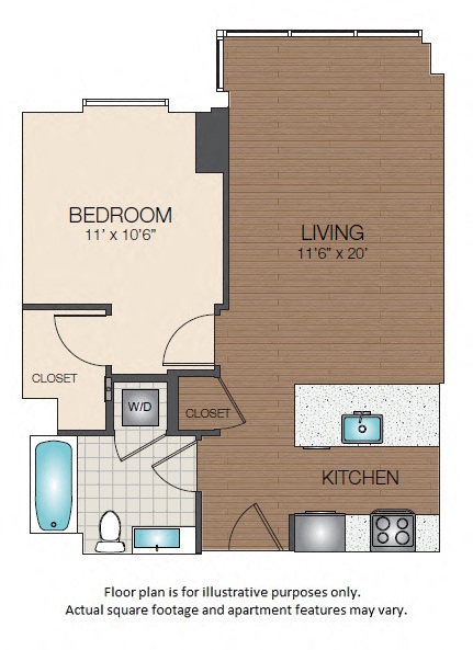 Floor plan for 1 bed, 1 bath, 680 sqft