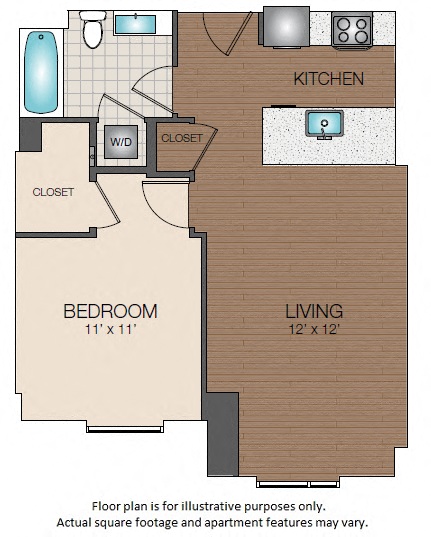 Floor plan for 1 bed, 1 bath, 668 sqft