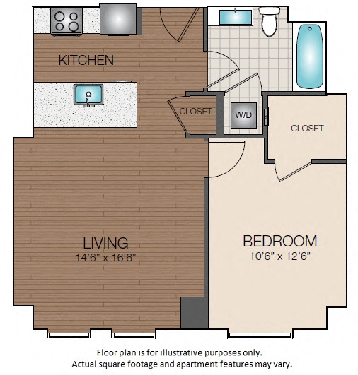 Floor plan for 1 bed, 1 bath, 676 sqft