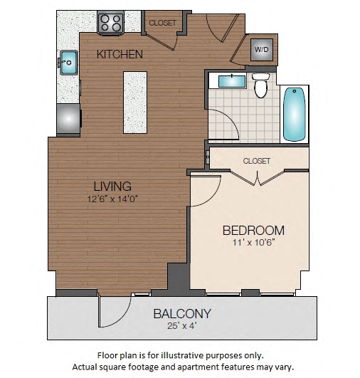 Floor plan for 1 bed, 1 bath, 650 sqft