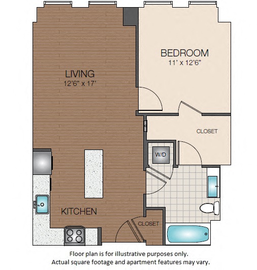 Floor plan for 1 bed, 1 bath, 733 sqft