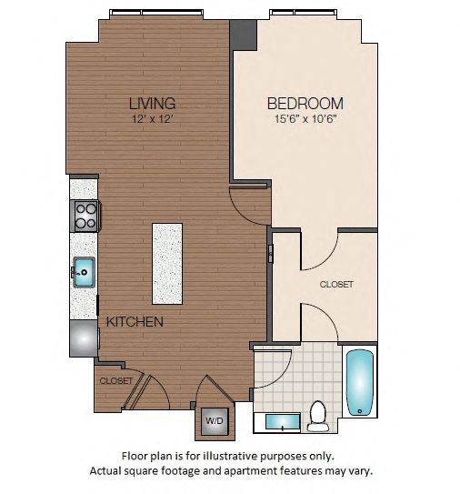 Floor plan for 1 bed, 1 bath, 747 sqft