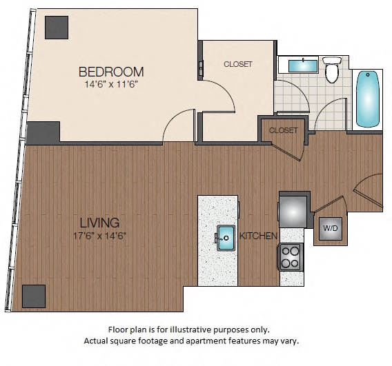 Floor plan for 1 bed, 1 bath, 754 sqft