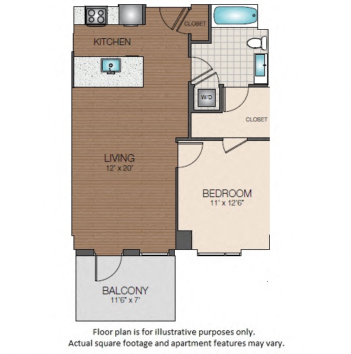 Floor plan for 1 bed, 1 bath, 709 sqft